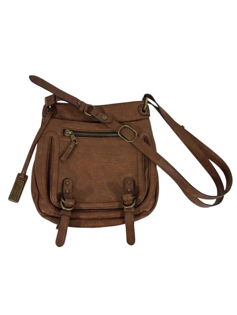 KGB Faux Leather Crossbody Saddle Bag Cognac Brown Purse Pockets Adjustable VGUC